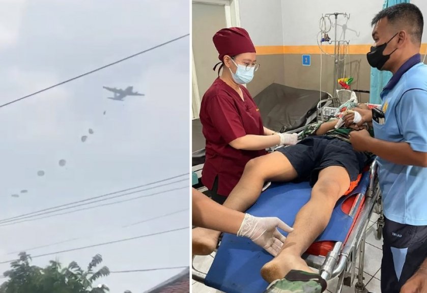 Seorang anggota TNI Angkatan Udara mengalami insiden saat melaksanakan penerjunan taktis. (Foto: PMJ News/Instagram @infokomando.official)