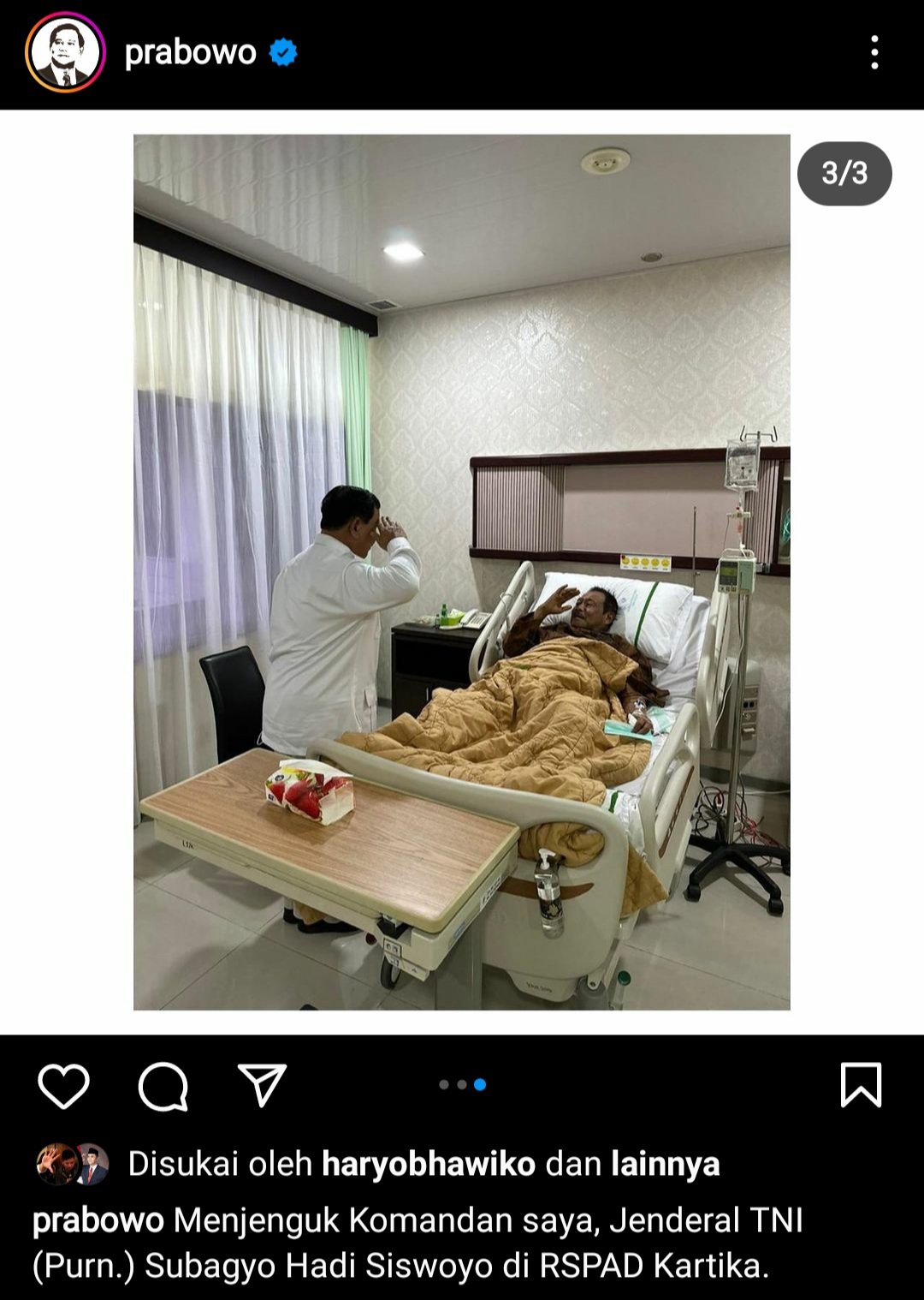 Prabowo Subianto menjenguk Subagyo HS (Instagram)