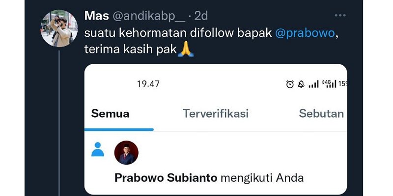 Cuitan seorang netizen yang di follback Prabowo/Tim media
