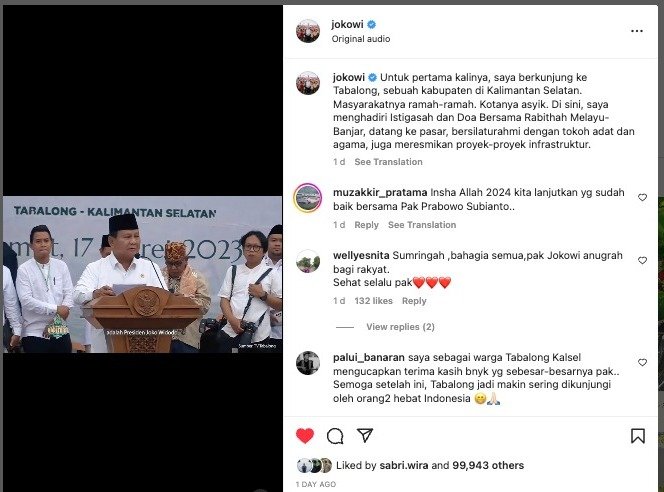 Tangkapan layar di instagram Presiden Joko Widodo/SinPo.id/Instagram