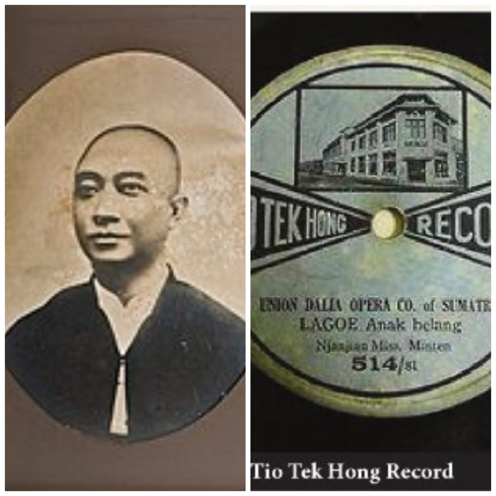 Gambar kiri, Tio Tek Hong (Wikipedia) kanan Piringan Hitam Tio Tek Hong (Denny Sakrie)