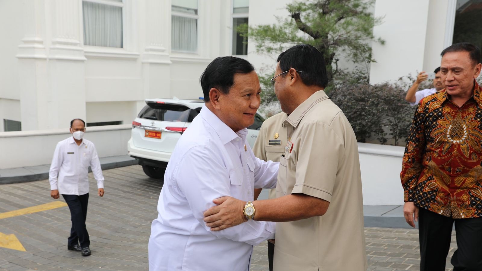 Menhan Prabowo saat datang ke PP Polri (SinPo.id/ Tim Media Prabowo)