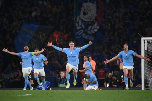 Para pemain Manchester City merayakan kememangan saat peluit babak terakhir ditiup (Sinpo.id/Getty Images)