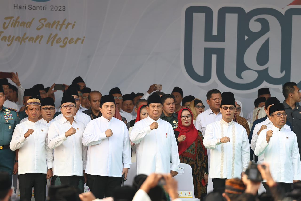 Menhan Prabowo saat hadiri Apel Hari Santri 2023 di Surabaya (SinPo.id/ Tim Media Prabowo)