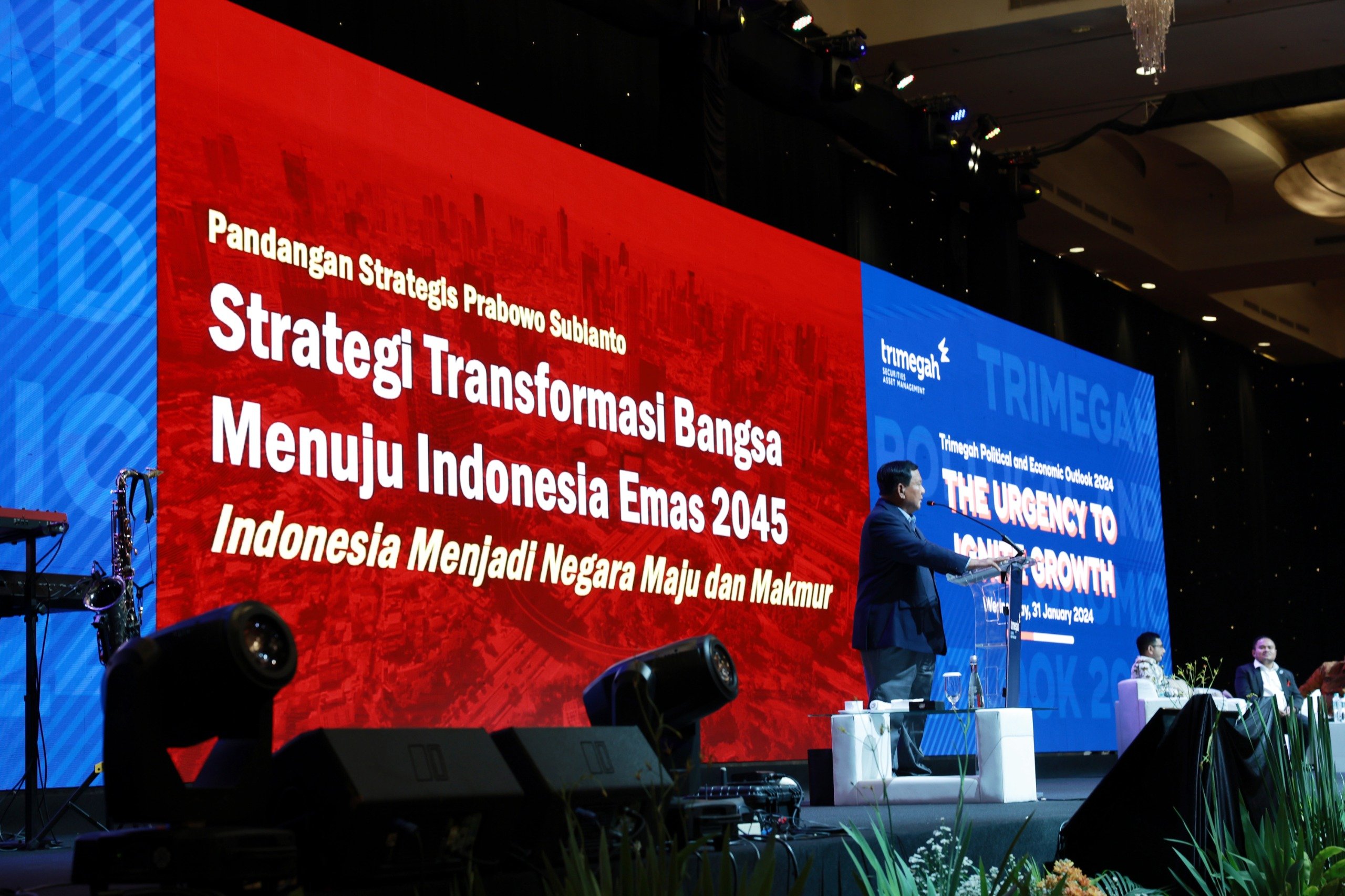 Calon presiden (capres) nomor urut 2, Prabowo Subianto, di acara 'Trimegah Political and Economic Outlook 2024', Jakarta pada Rabu, 31 Januari 2024. (SinPo.id/Tim Media)