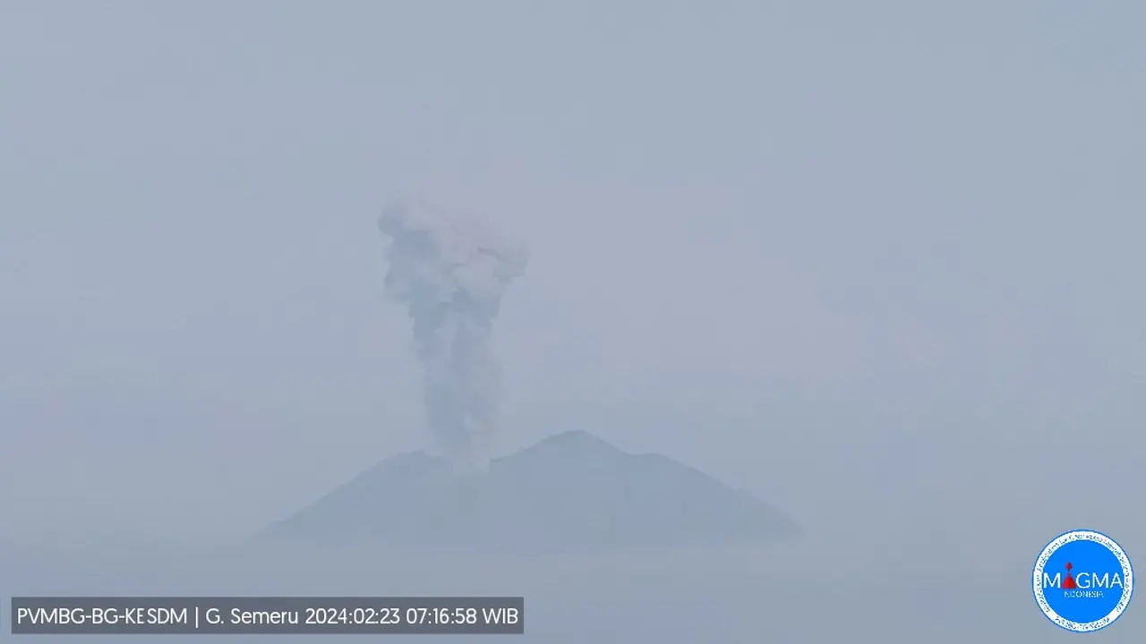 Gunung Semeru kembali mengalami erupsi pada Jumat, 23 Februari 2024 pagi, pukul 07.16 WIB. (SinPo.id/Dok. PVMBG)