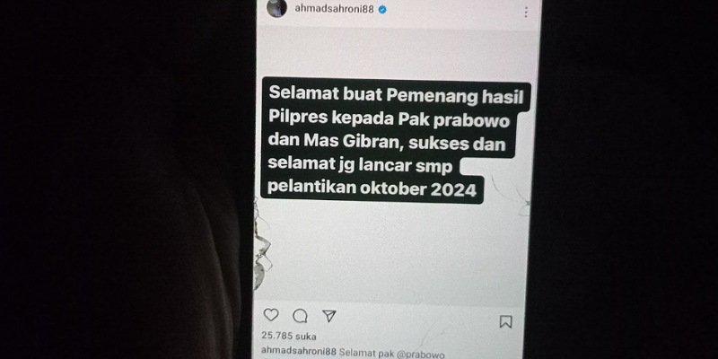 Tangkapan layar ucapan selamat untuk Prabowo-Gibran dari Sahroni (Sinpo.id)